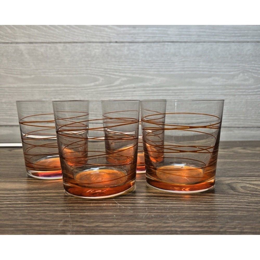 Leonardo Amber Swirl Rocks‎ Glasses Set of 4 Orange MCM Lowball Tumblers Germany